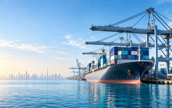 Shipping containers at a UAE port as freight costs rise for IT resellers